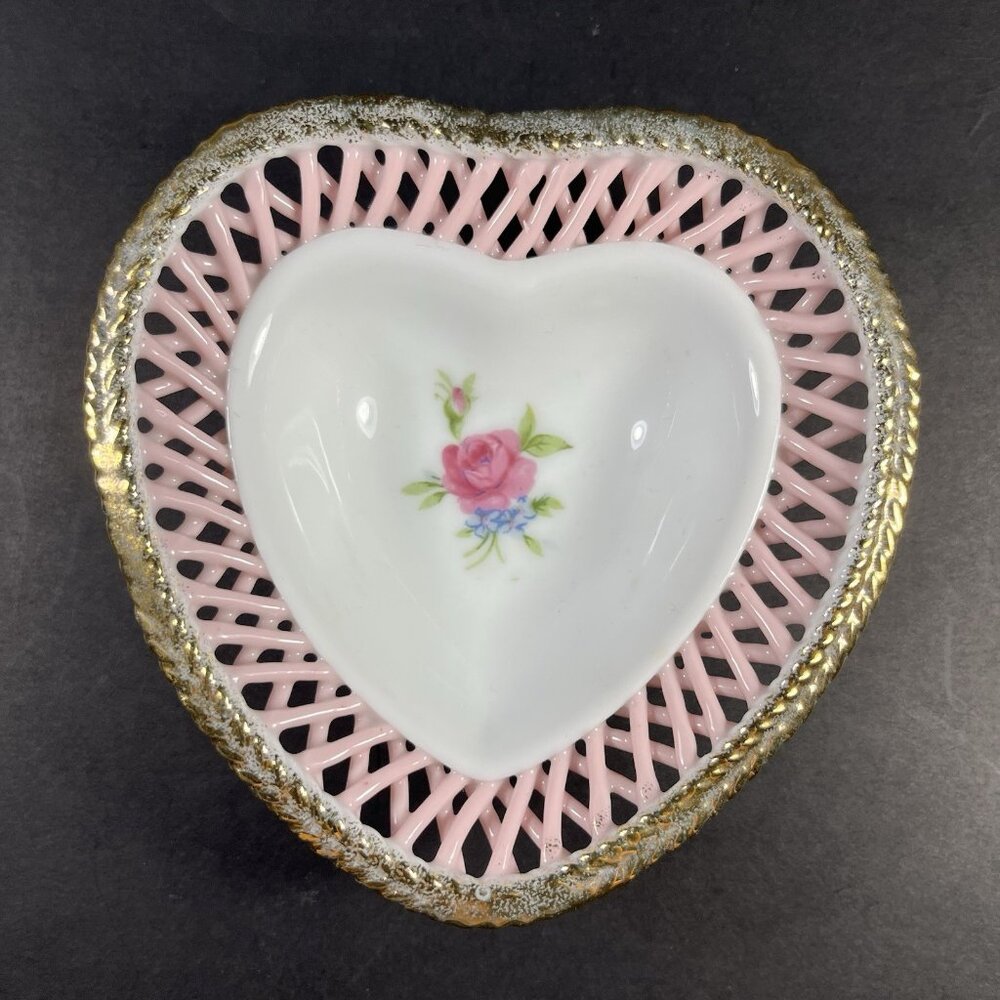 VTG Heart Shaped Porcelain Trinket Dish – Pink Lattice Edge Gold Trim Japan